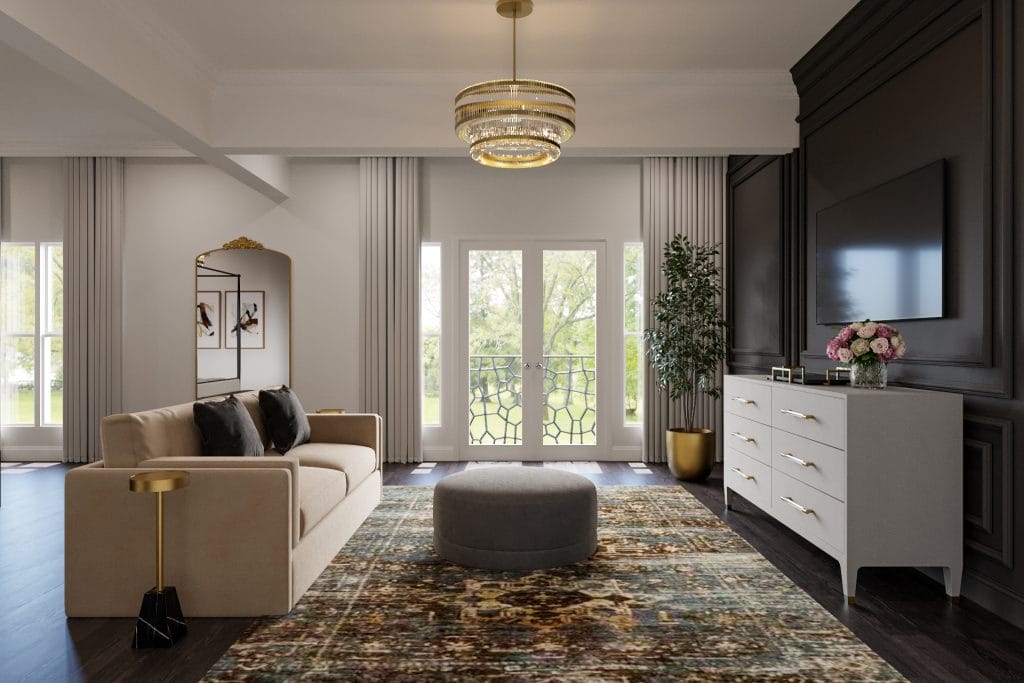 A seating area enhances comfort and function in this modern transitional bedroom by Decorilla