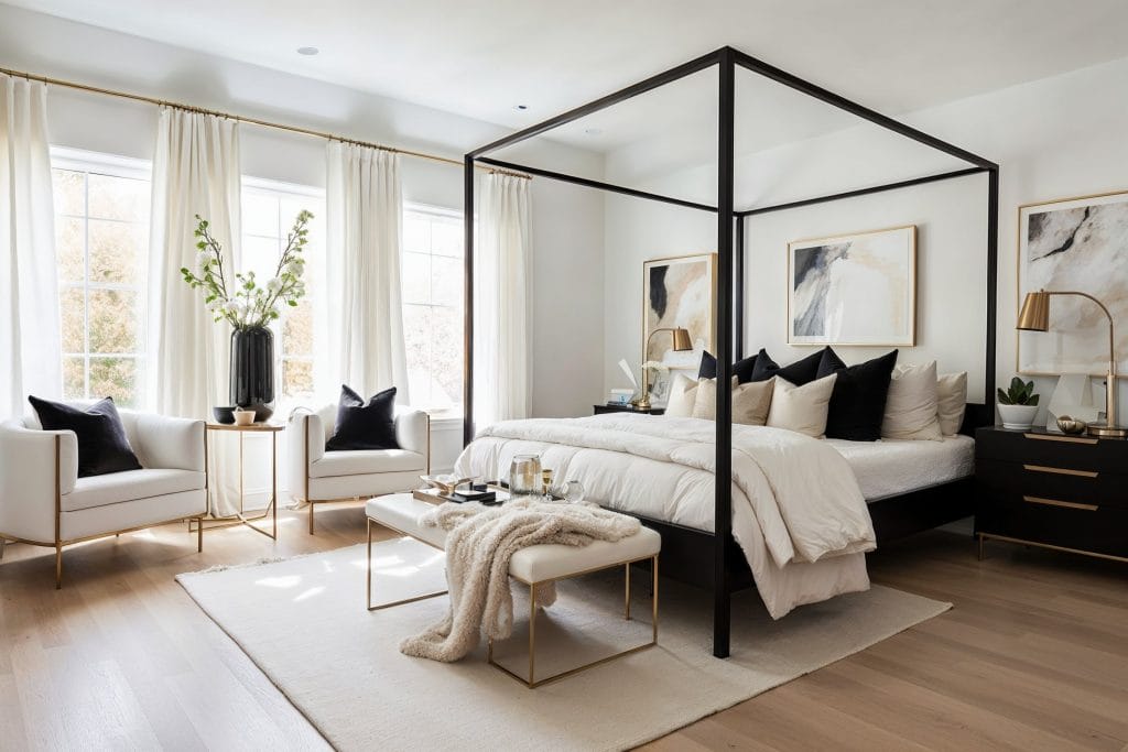 Black accents add drama to a light-filled modern transitional bedroom by Decorilla