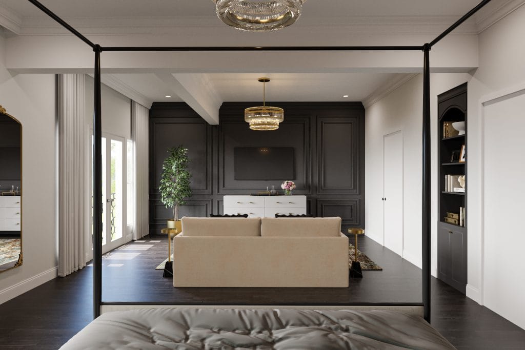 Classic molding meets contemporary furniture in a modern transitional bedroom by Decorilla