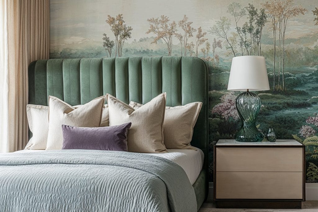 Drapes, statement headboard, and ornate wallpaper, castlecore staples in a bedroom by Decorilla