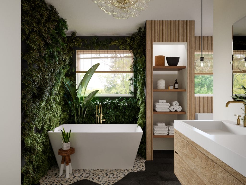 Eclectic bathroom plant wall texture style by DECORILLA designer, Casey H.
