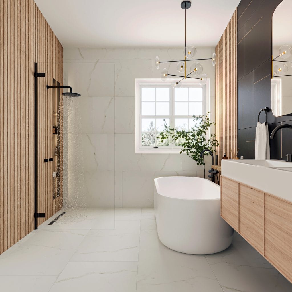 Master bath renovation featuring a freestanding tub, by Decorilla