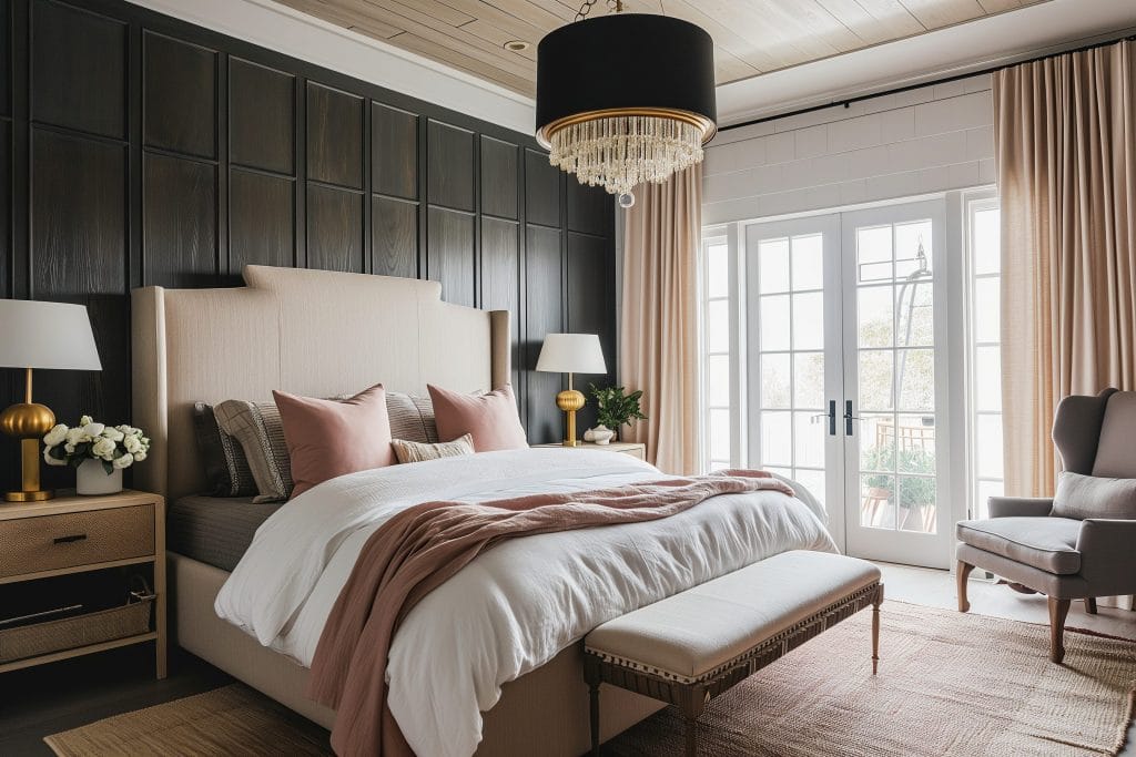 Modern master bedroom chandelier with crystals by DECORILLA