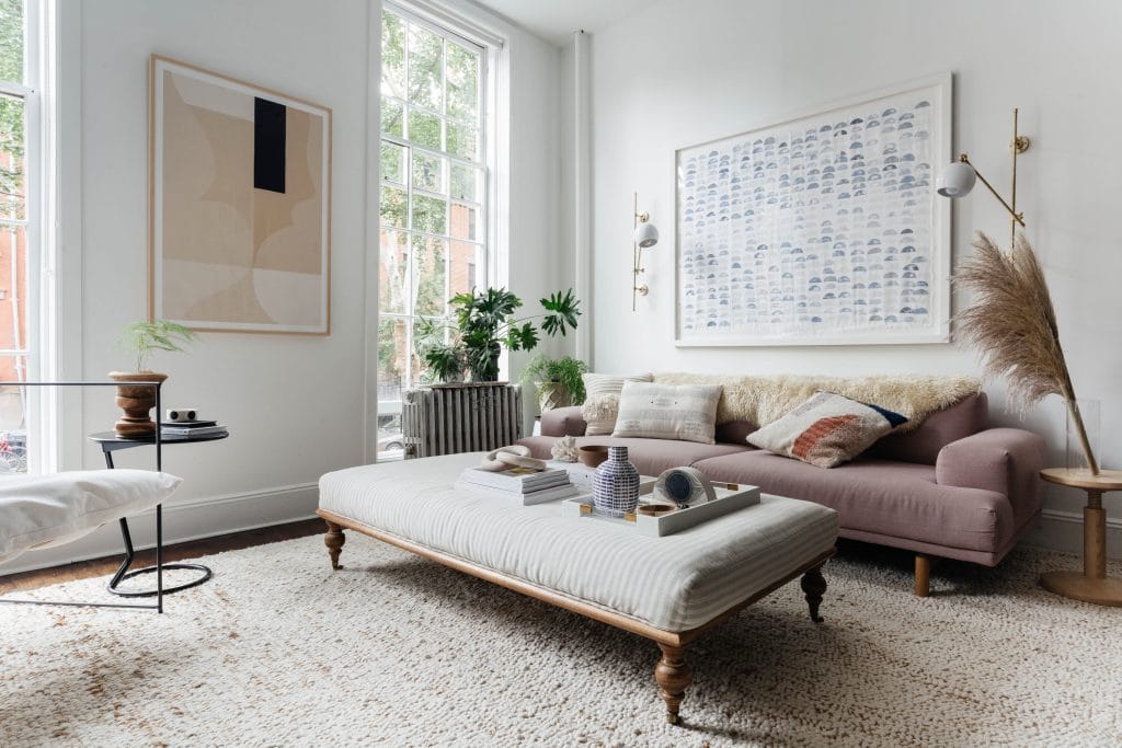Modern minimalist bohemian living room by DECORILLA designer, Brooke S.