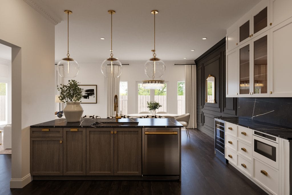 Modern transitional kitchen with crisp lines and bold contrast, by Decorilla
