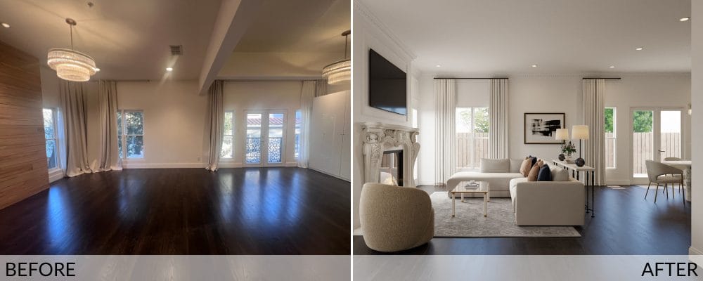 Modern transitional living room before and after design by Decorilla