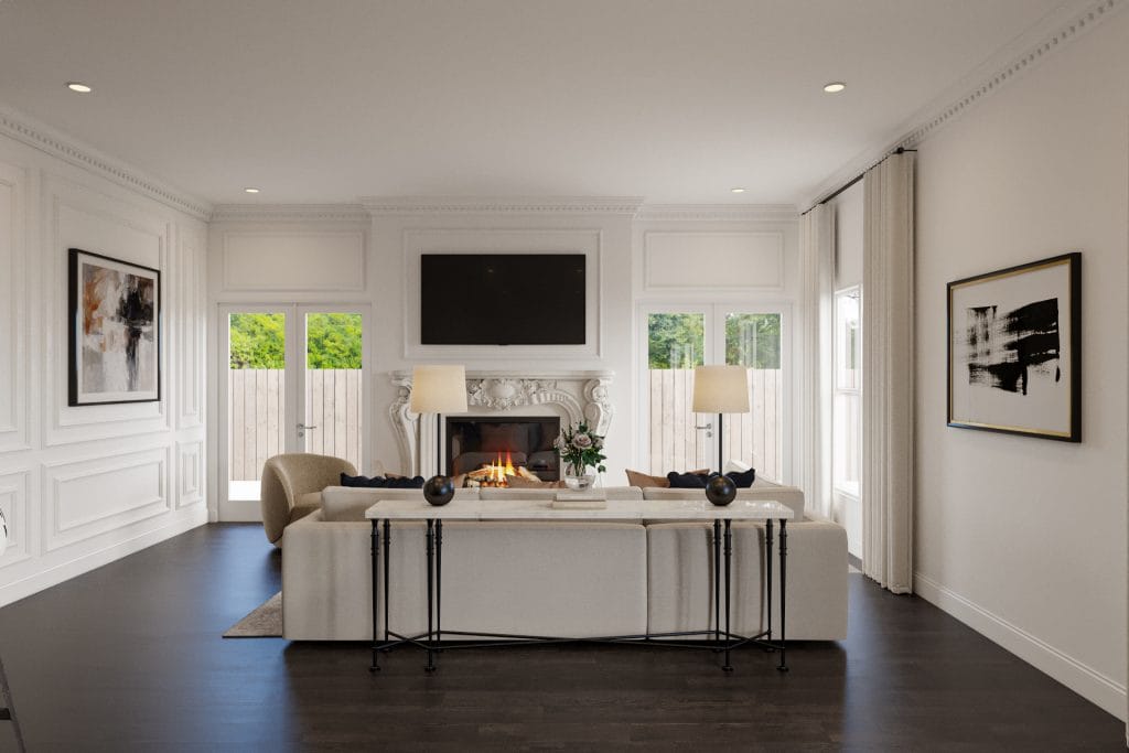 Modern transitional living room with a clearly defined layout, by Decorilla