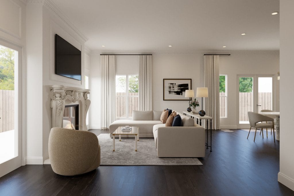 Sleek forms and layered tones bring balance to a living room by Decorilla