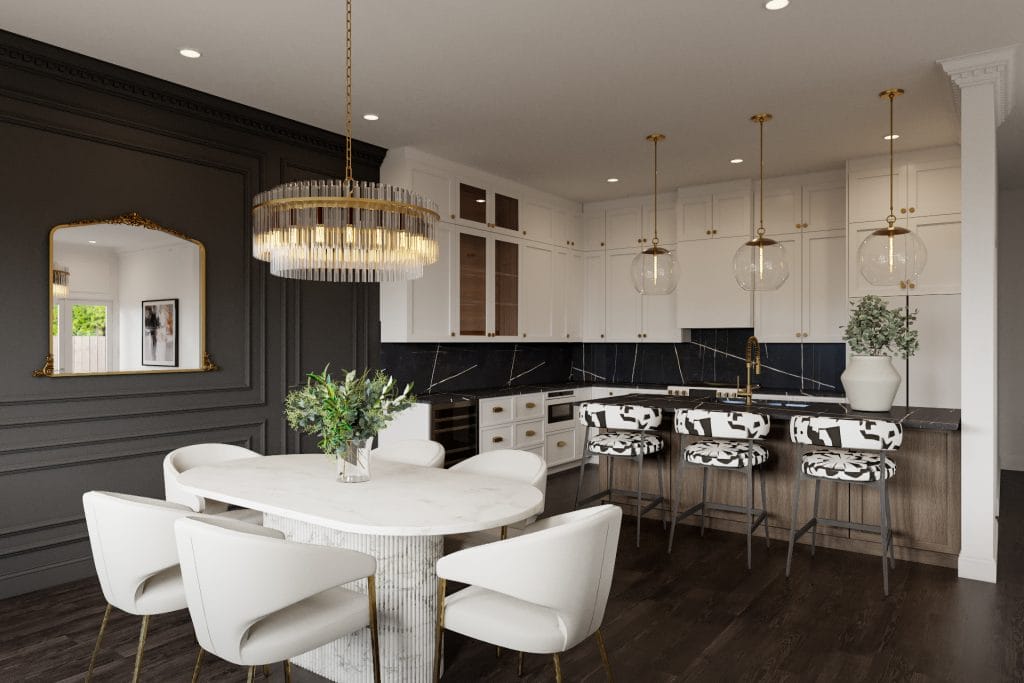 The black statement wall grounds this modern transitional dining space by Decorilla