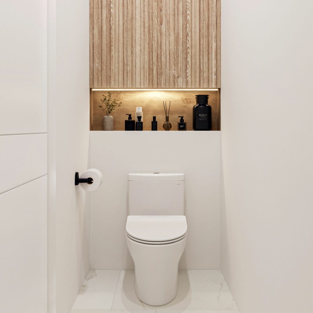 Thoughtful lighting layers add warmth to this master bathroom renovation by Decorilla
