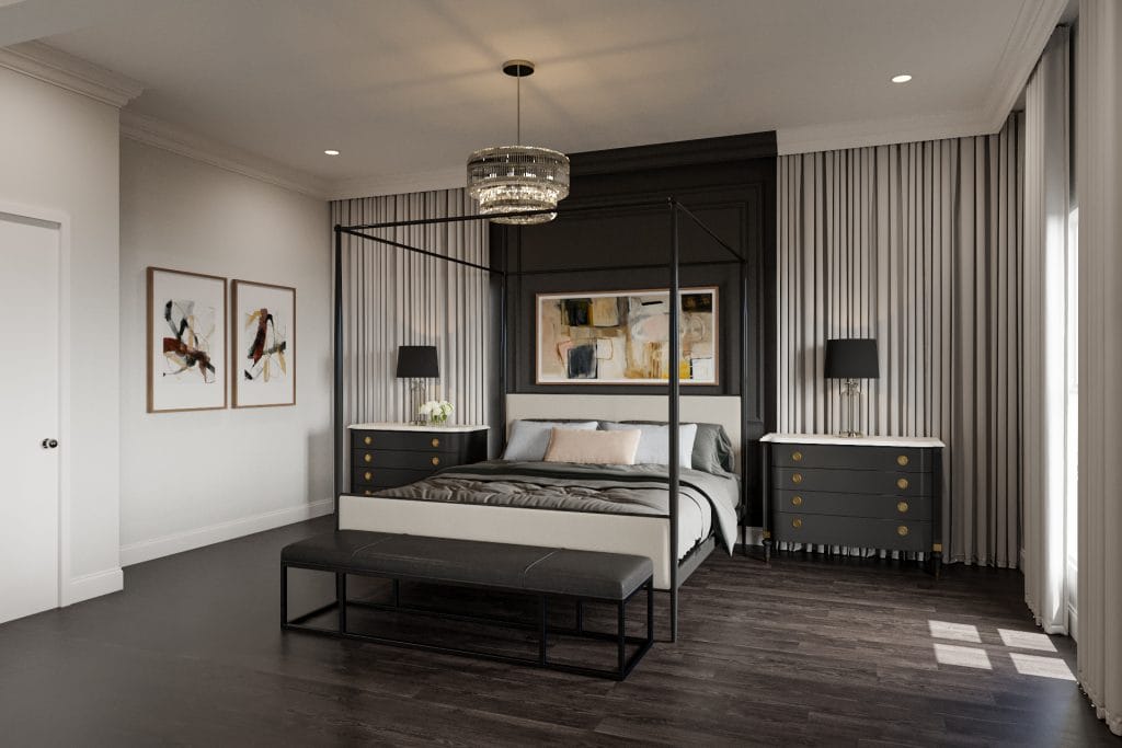 Transitional modern bedroom design with a striking four-poster bed, by Decorilla