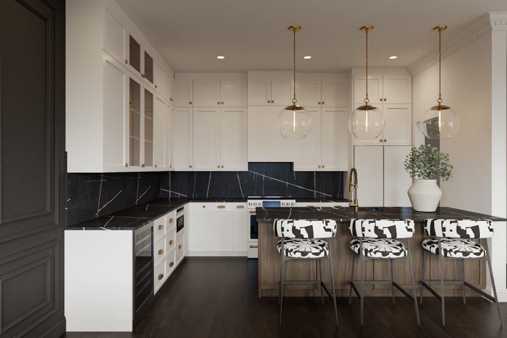 White cabinetry against veined countertops in a modern transitional kitchen by Decorilla