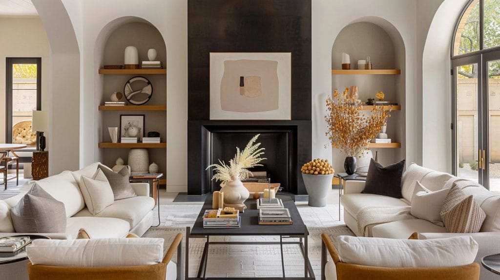 A balanced palette sets the tone for classic contemporary living room design by Decorilla