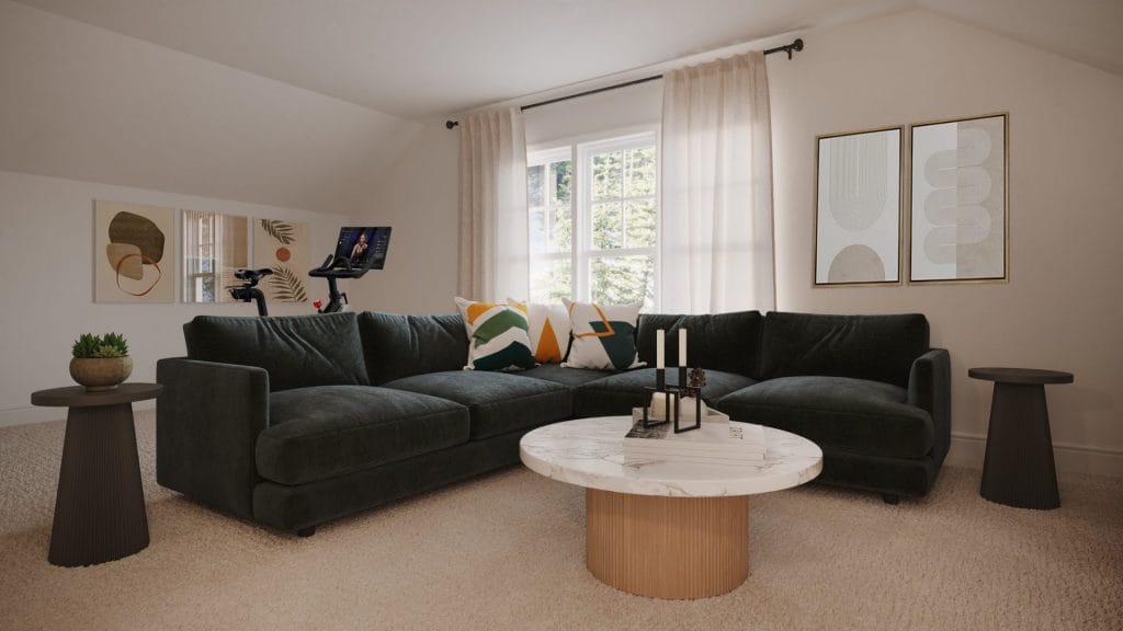 A family-friendly sectional anchors this inviting living room design by Decorilla