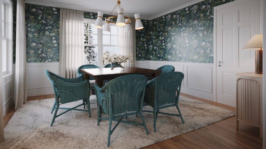 A family-friendly setup in a modern blue dining room by Decorilla