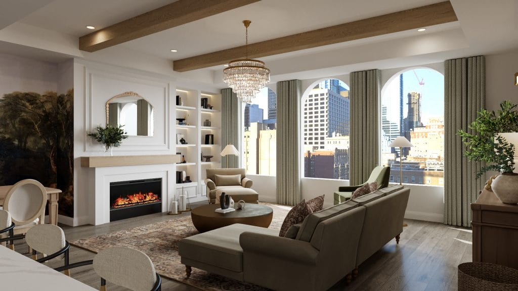 Arched windows meet custom furnishings in this classic contemporary interior design by Decorilla