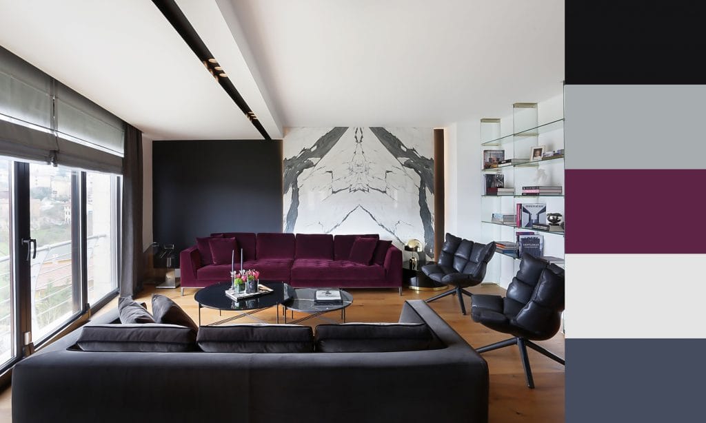 Black and white living room color schemes with grey, by Decrorilla