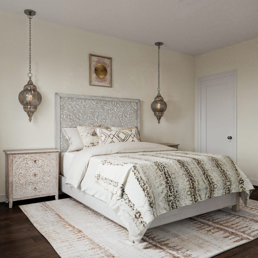 Boho bedroom design ideas with Moroccan lights, by Decorilla designer, Casey H.