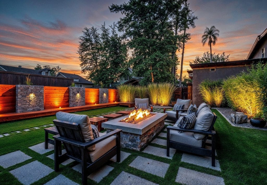 Contemporary patio design inspiration with a fire pit, by Decorilla