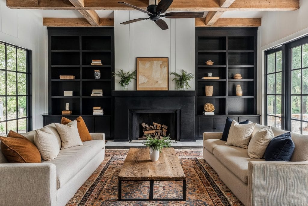 Contemporary rustic living room with different wood tones by DECORILLA