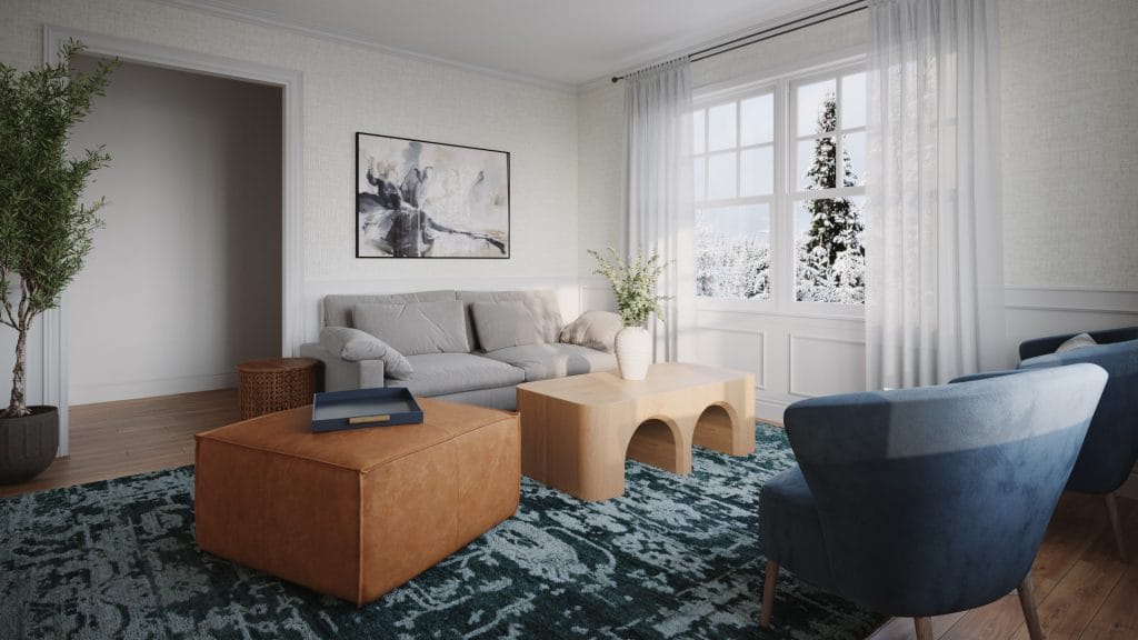 Family-friendly furniture selections make this sitting area by Decorilla​ both practical and elegant