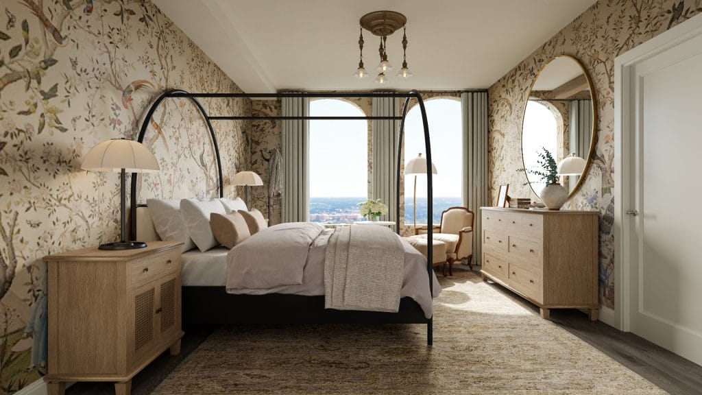 Flush mount lighting and warm brass details in a classic contemporary bedroom interior by Decorilla