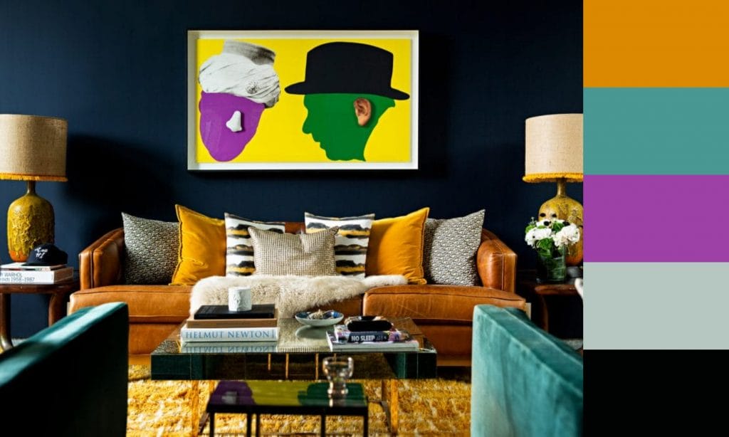 Jewel-toned living room color schemes with neutrals, by Decorilla