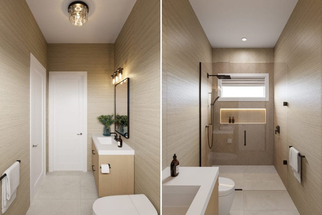 Layered lighting and quiet surfaces in a warm modern bathroom by Decorilla
