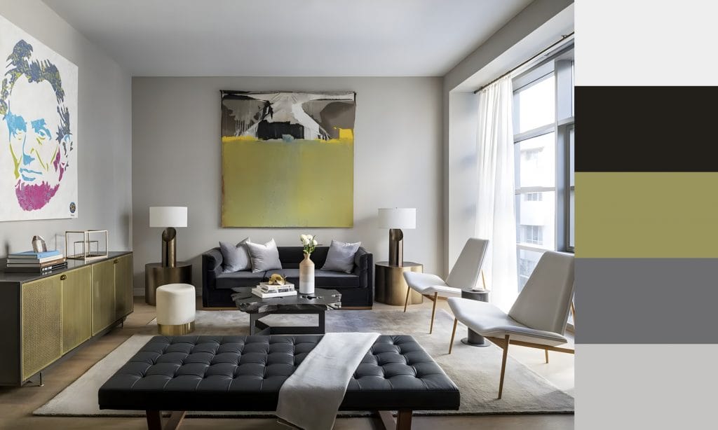 Living room color schemes with grey - contemporary black and white interior design by Decorilla designer, Leanna S.