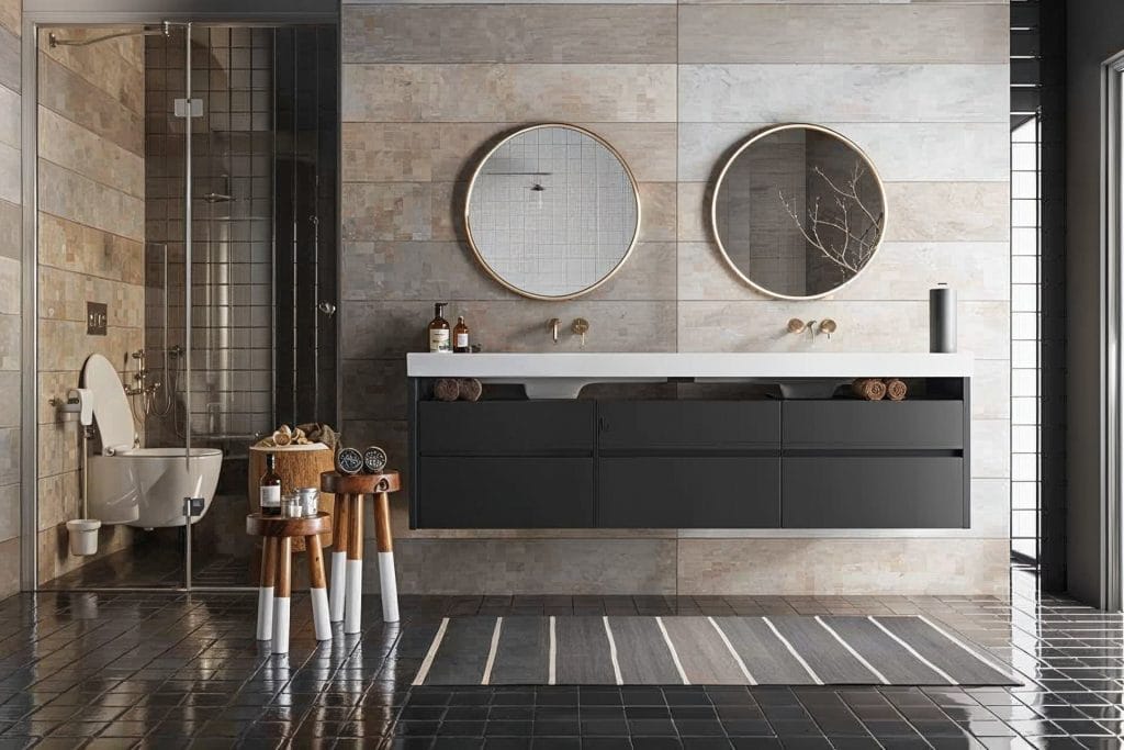 Modern rustic primary bathroom inspiration with floating double vanities by DECORILLA