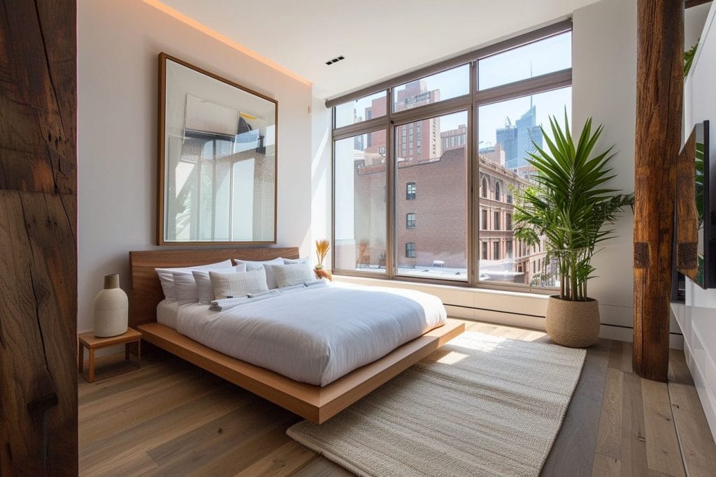 Modern zen bedroom with rustic wooden columns by DECORILLA