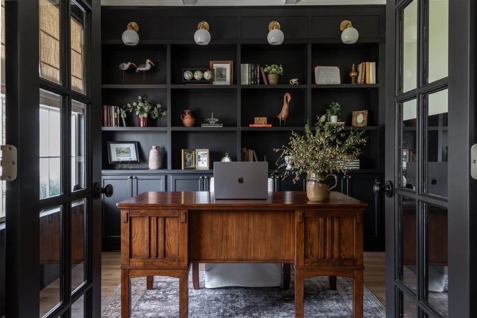 Moody home office result after finding an interior designer - Decorilla designer, Julissa R. 