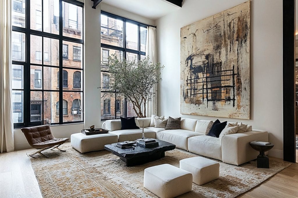 Organic modernism in a spacious living room by Decorilla