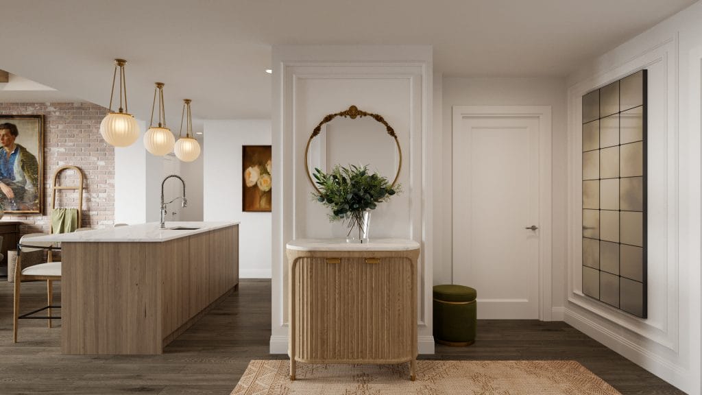 Proportion and material control this classic contemporary entryway interior by Decorilla