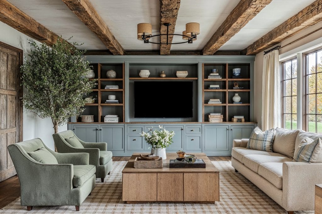 Rustic mixed wood living room by DECORILLA