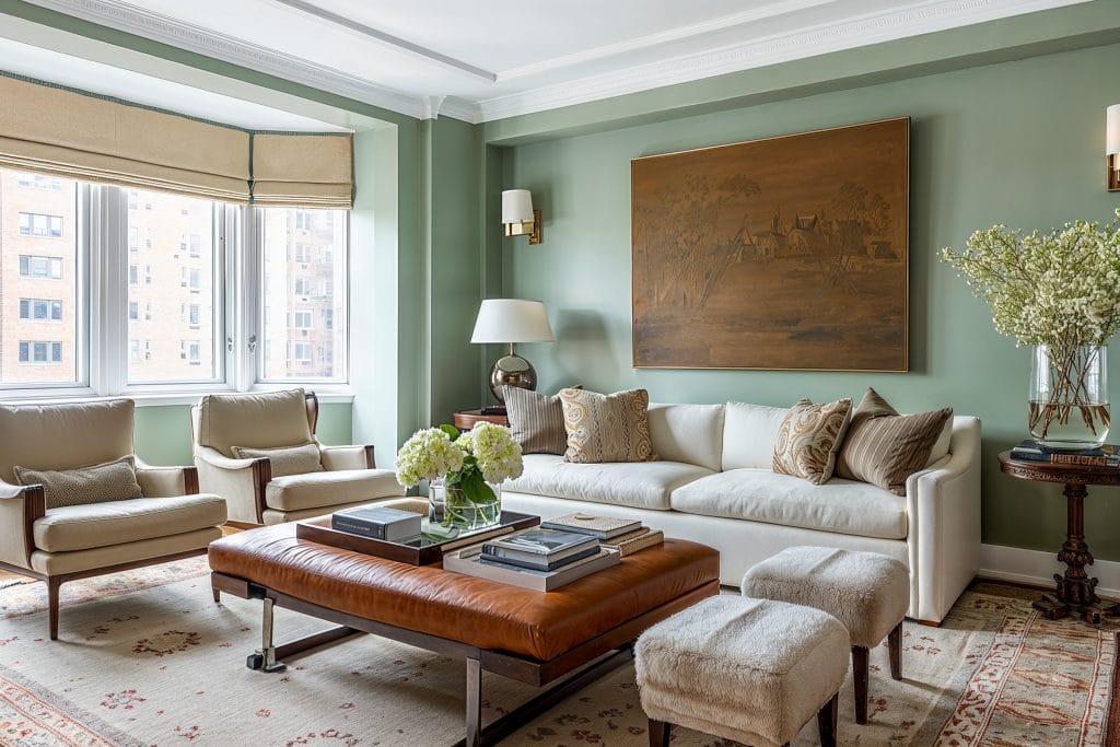 Sage green walls in a living room by Decorilla