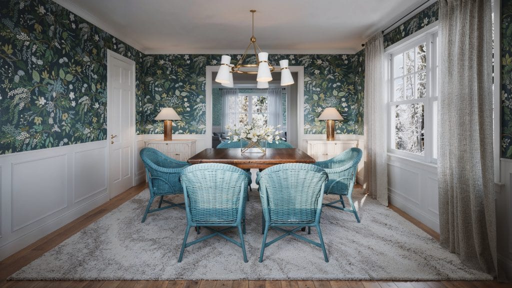 Strategic choices and family-friendly furniture enhance flow in a dining room by Decorilla