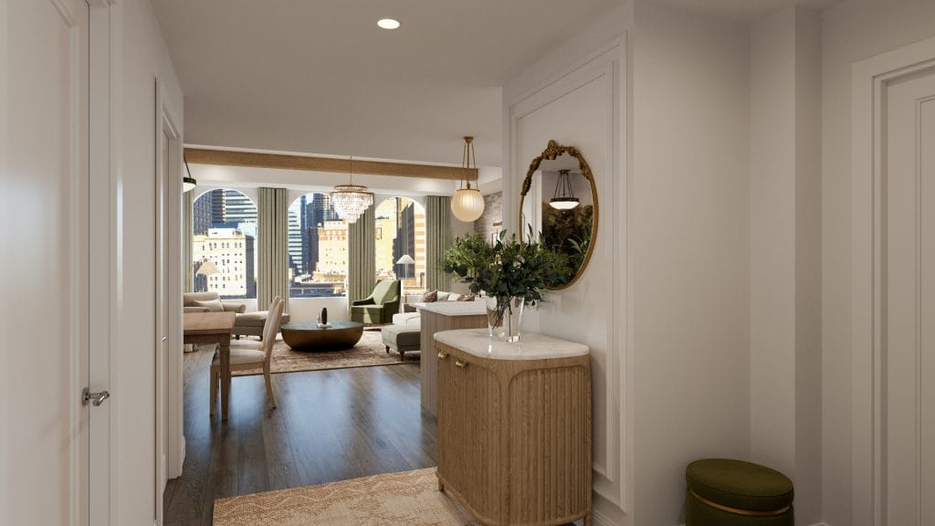 Tailored furniture and soft neutrals define this classic contemporary entryway decor by Decorilla