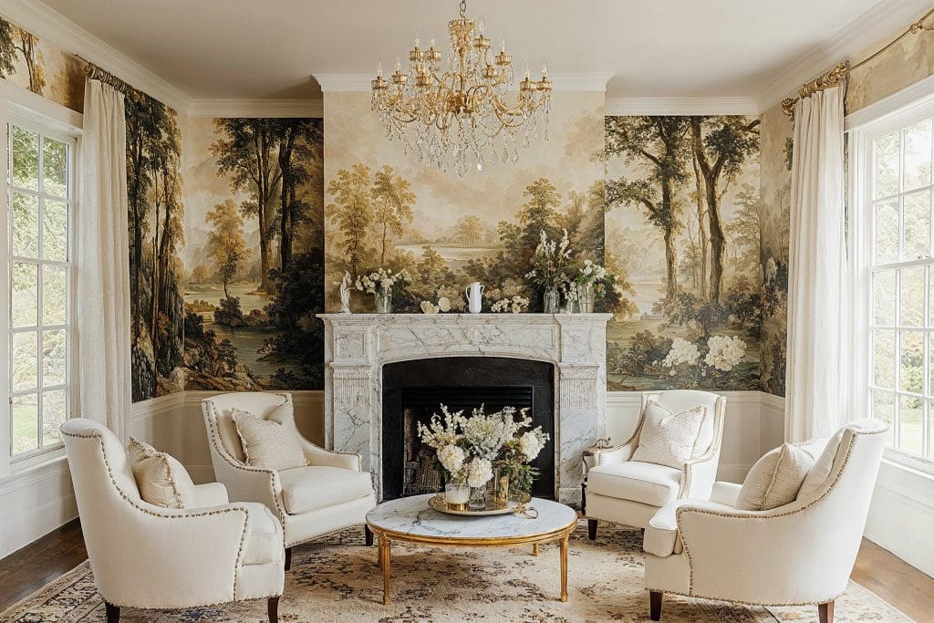 The mural defines the classic contemporary living room's character, design by Decorilla