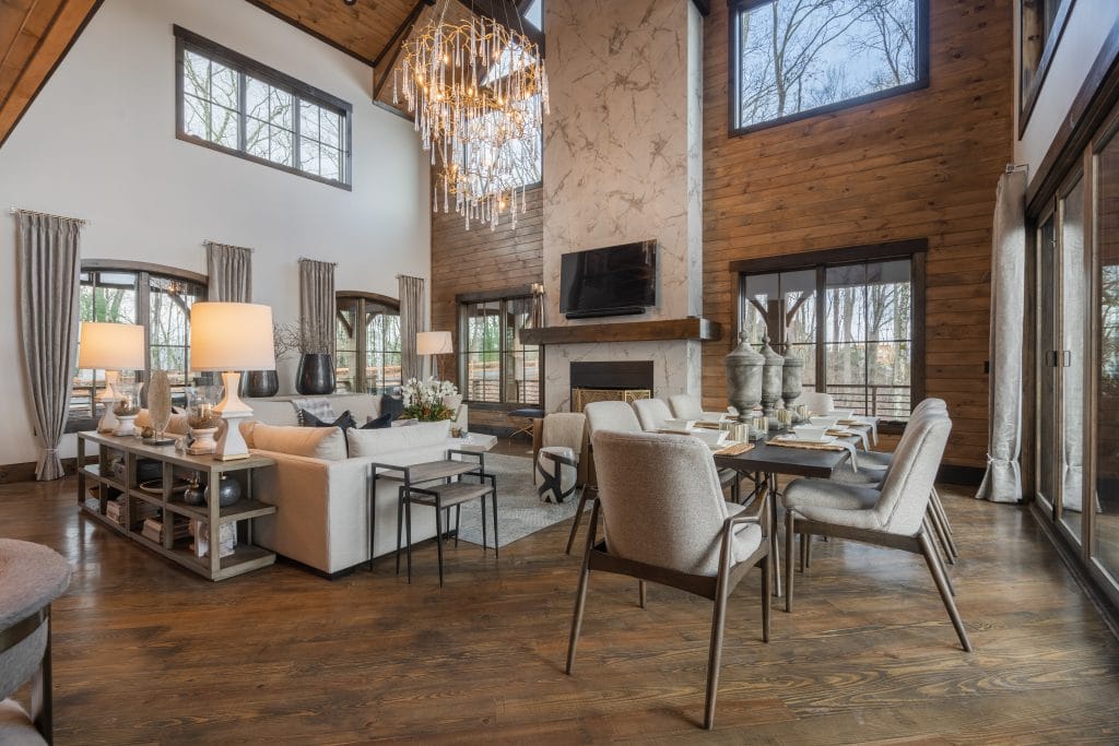 Transitional mixed wood living room wall by DECORILLA designer, Jason D.