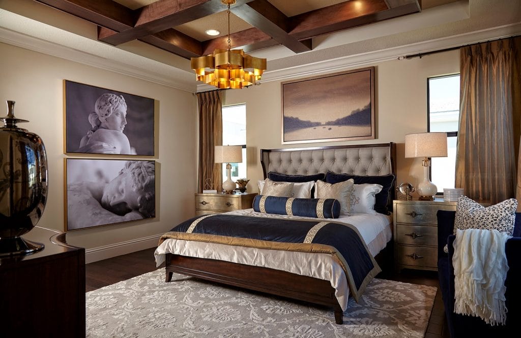 A bedroom with relaxing bedroom colors and layered textures designed by Decorilla designer, Kristin W.