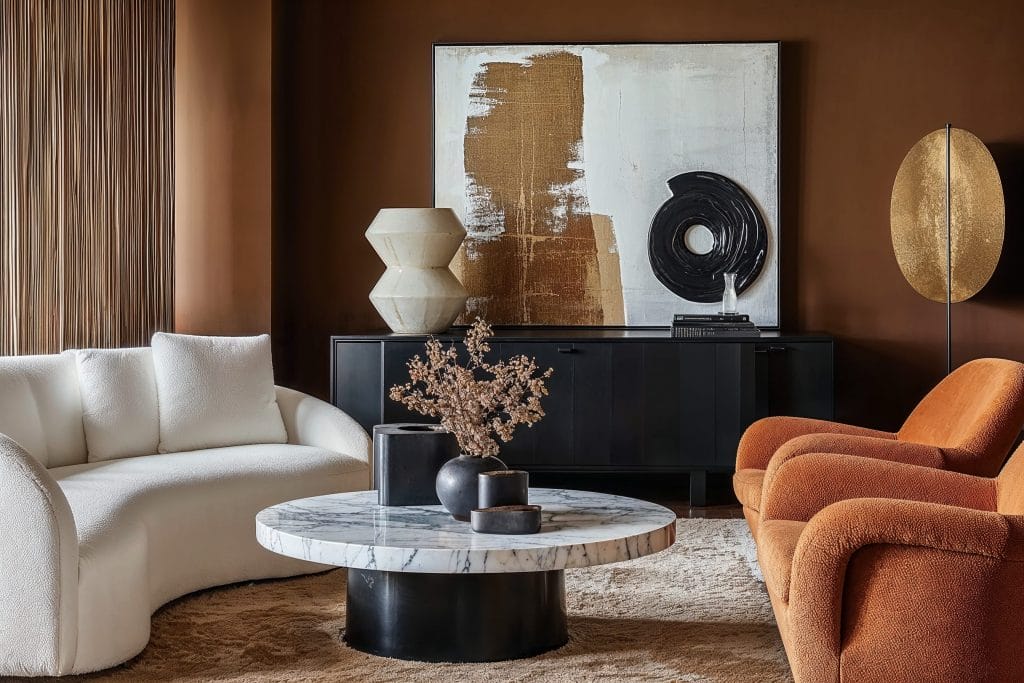 Bold shapes and deep tones show the loud luxury trend in a living room by Decorilla