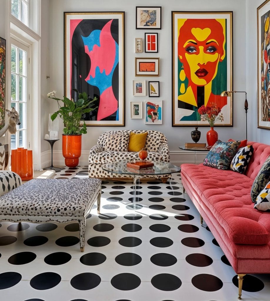 Bold shapes and deep tones show the loud luxury trend in a living room by Decorilla