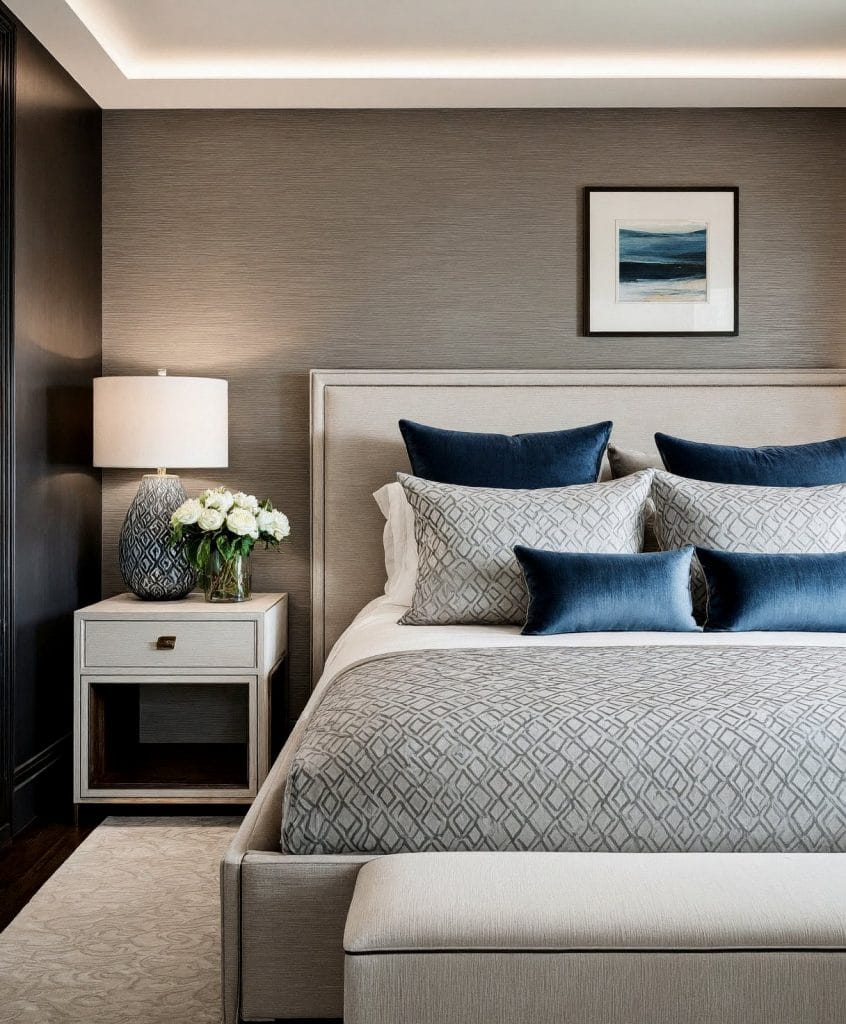 Calming bedroom colors in a shadowed interior designed by Decorilla