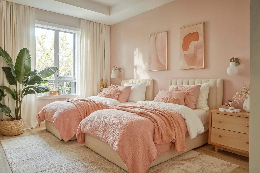 Calming bedroom colors in a soft-edged room designed by Decorilla