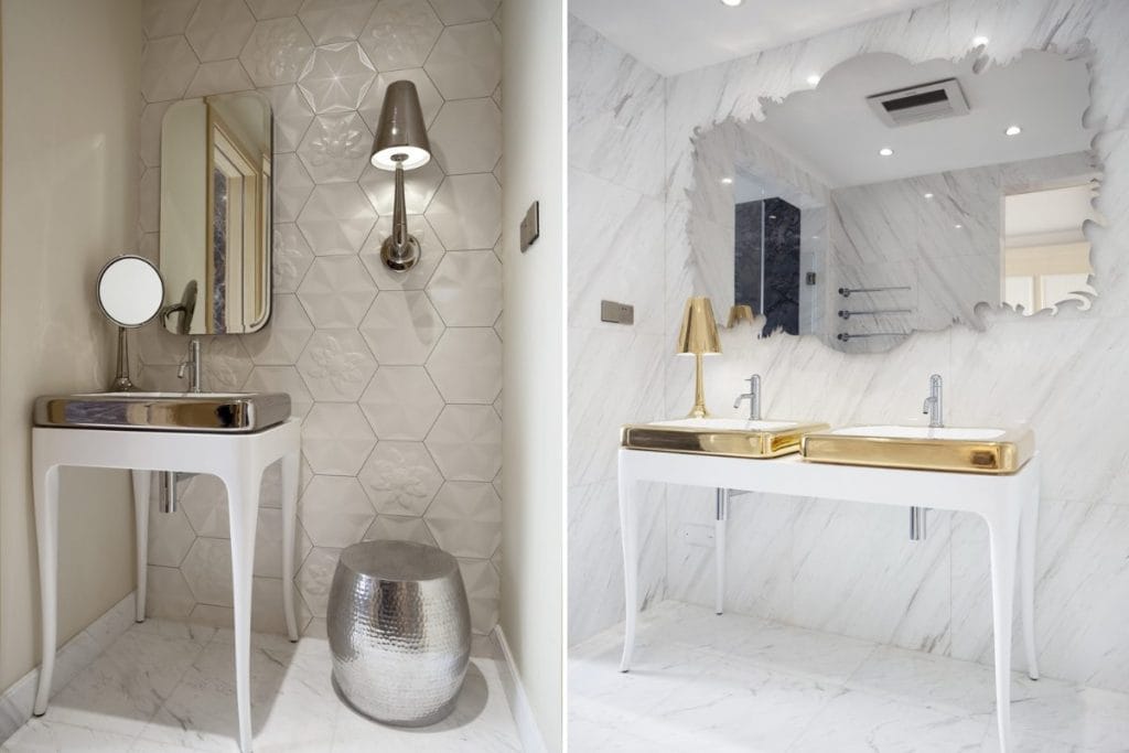 Chrome accents mixed with other metals in a bathroom by Decorilla designer, Sergio M.