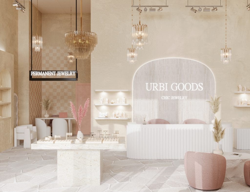 Clean jewelry store layout with central display table by Decorilla