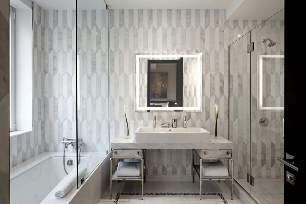 Contemporary bathroom with tile wall texture style by DECORILLA designer, Joseph G. 