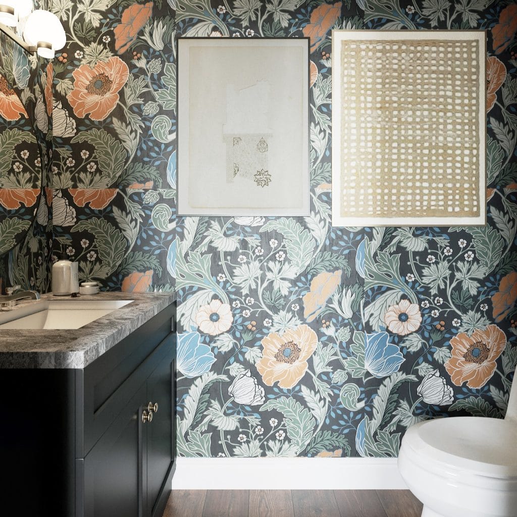 Floral pattern in a Craftsman-style powder room by Decorilla