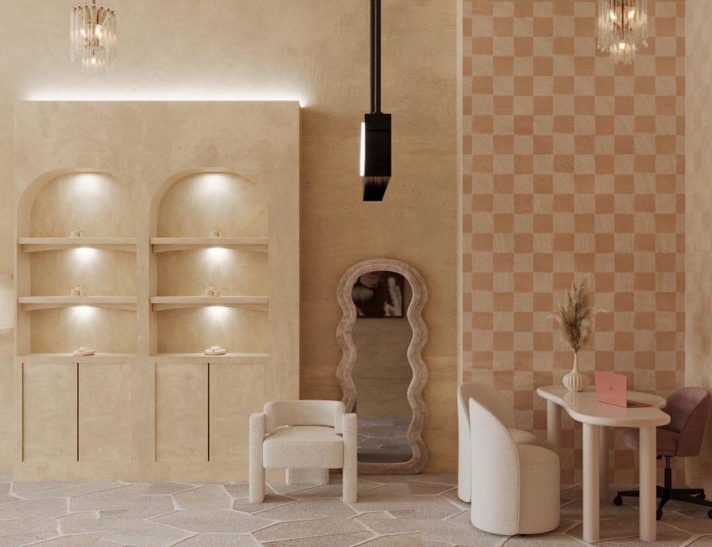 Jewelry shop interior design with defined commercial zoning, by Decorilla
